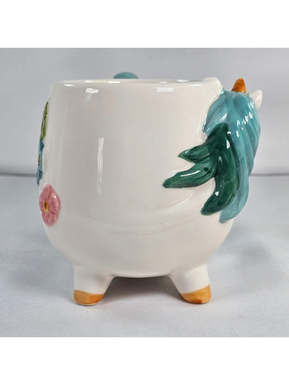 Boston Warehouse Unicorn Mug Teal Mane Floral 3D Sculpted Ceramic Footed 16oz